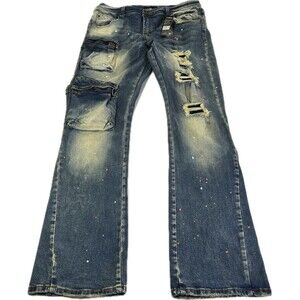 Preme Jeans Mens 36x34 Stacked Flare Fit Utility Distressed Denim Pocket Paint